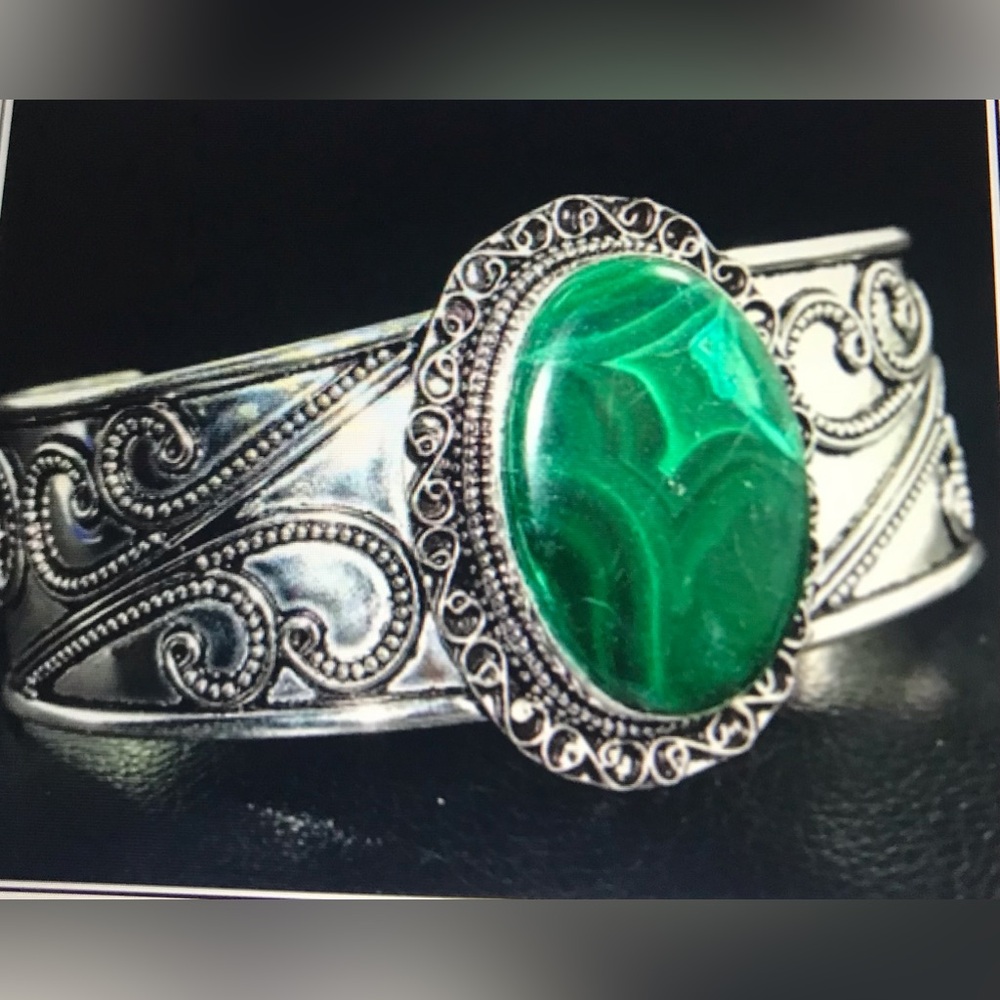 Malachite Stamped Solid 925 Sterling Silver Cuff Bracelet